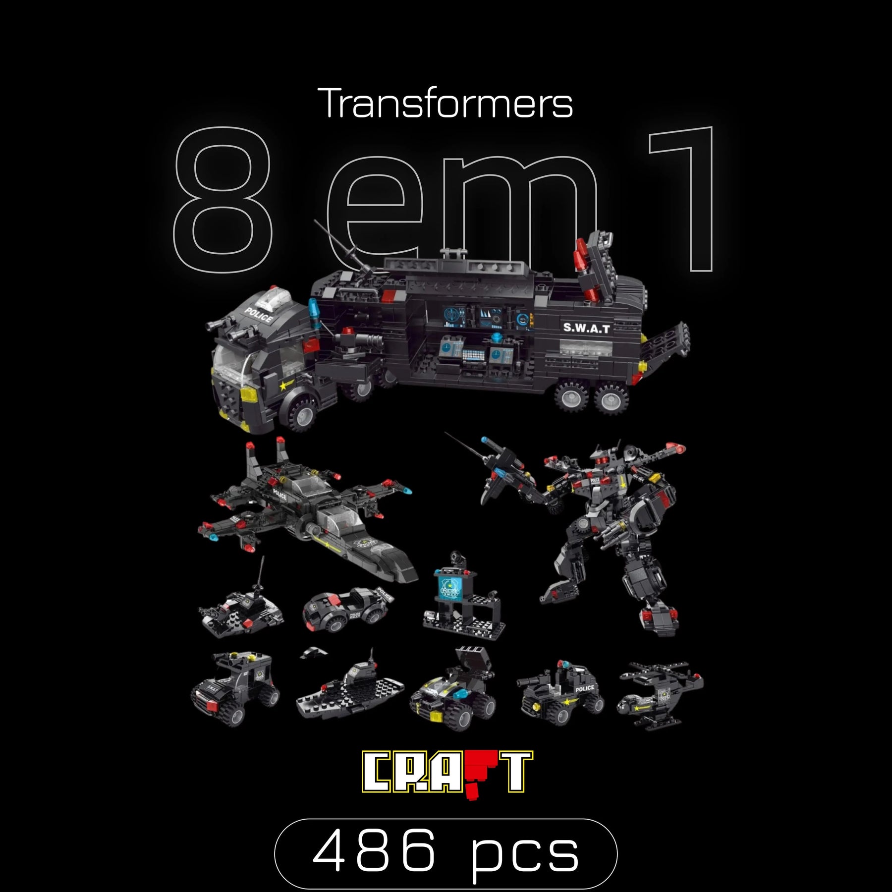 Transformers, Helicóptero e Caminhão - 8 Brinquedos em 1 (486 peças)